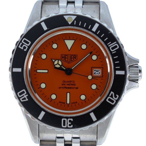 RARE 32mm Heuer (Pre-Tag) 980.016 Professional 1000 Orange Dial Stainless Watch! - Picture 1 of 8